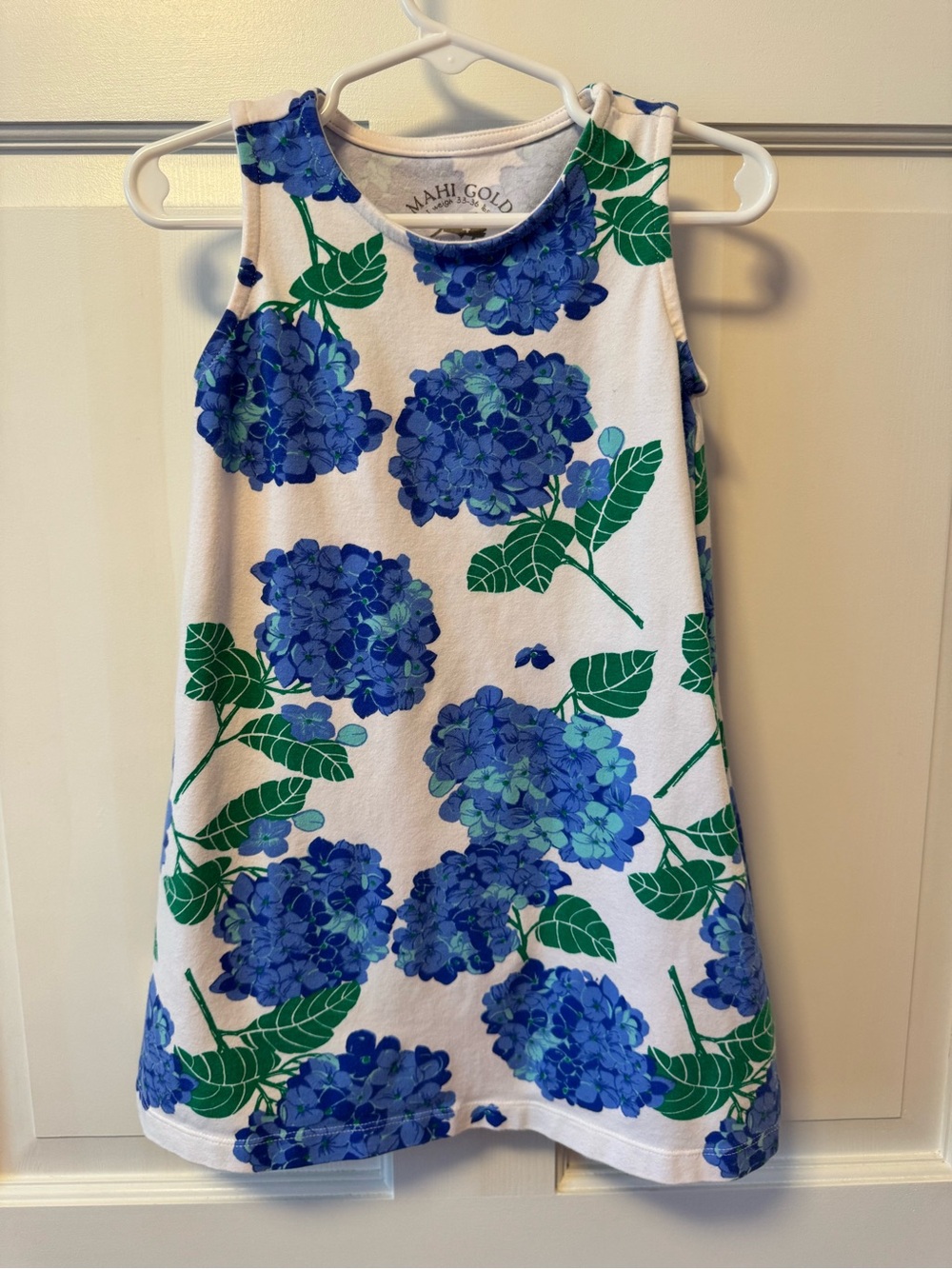 MAHI GOLD White Dress with Blue Floral Hydrangea Print